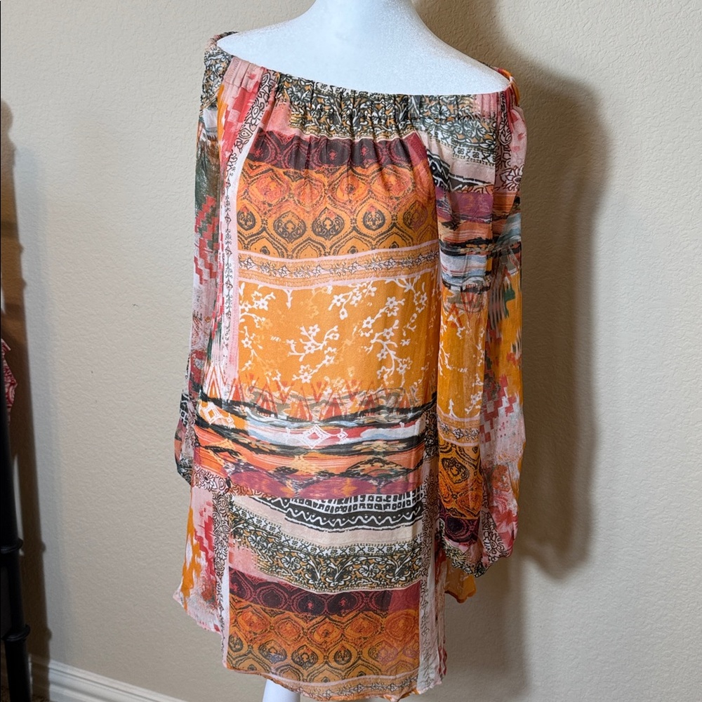 Silk Flowy Artsy Boho Off-Shoulder Mini Dress by Lavender‎ Brown Size Small - Picture 2 of 8